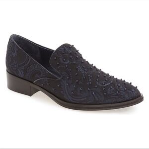 Donald J Pliner Navy Brocade Beaded Pointed Loafer